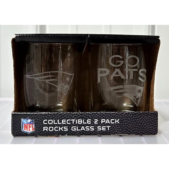 New England Patriots 2 Count Pack Rocks Whiskey Glass Set w/ Silver Design Print - Picture 1 of 5